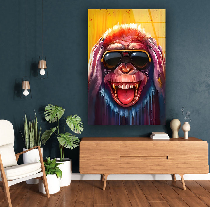 Crazy Monkey with Glasses Glass Wall Art glass pictures for Wall, glass prints wall art
