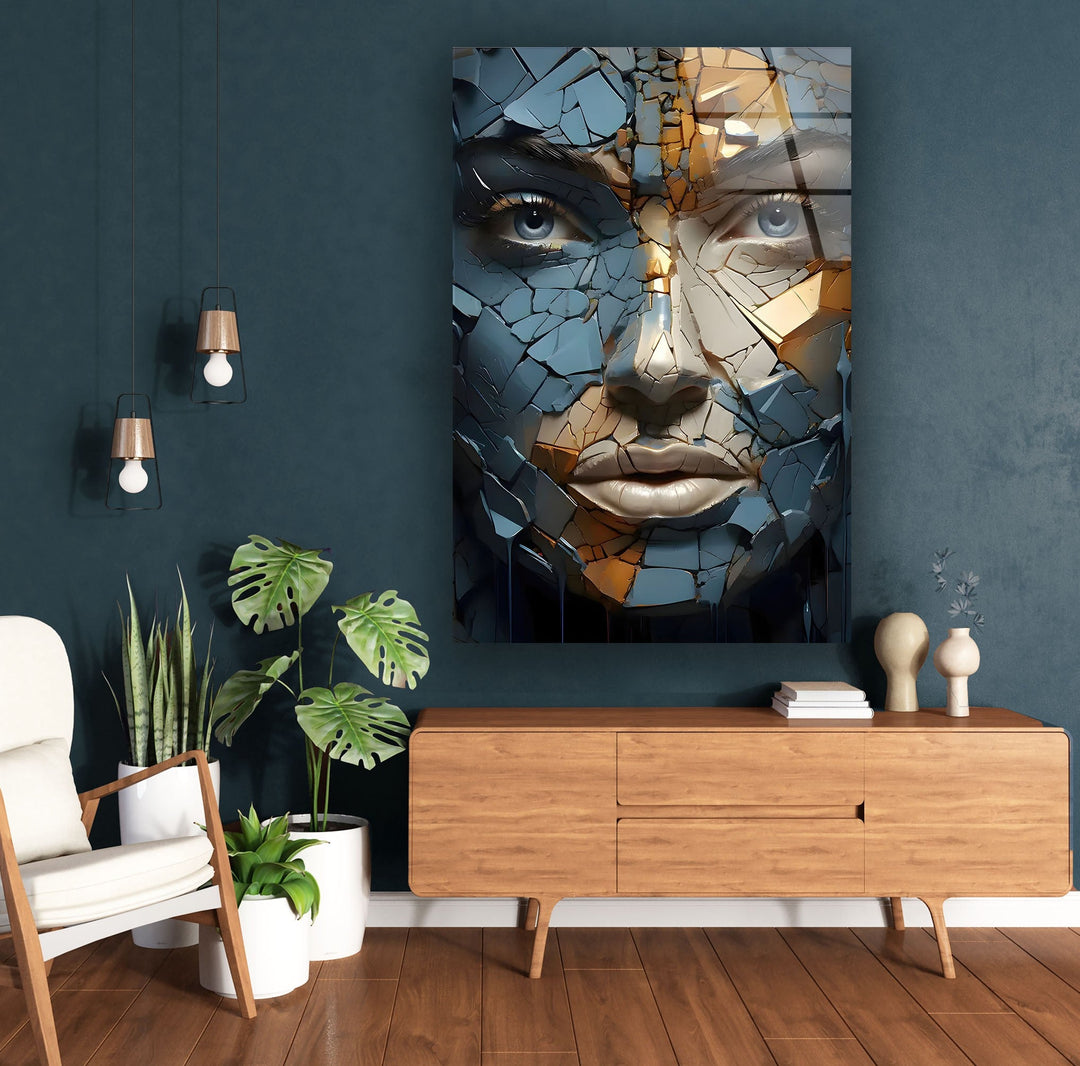 Blue Cracked Design Woman Glass Wall Art stained glass wall art, stained glass wall decor
