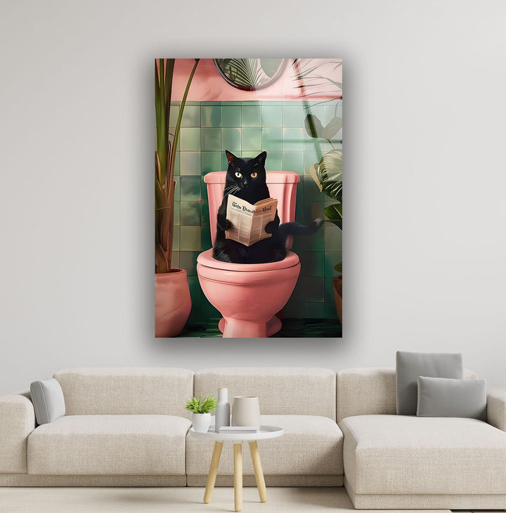 Cat Reading on Toilet Glass Wall Art custom glass pictures, glass art prints
