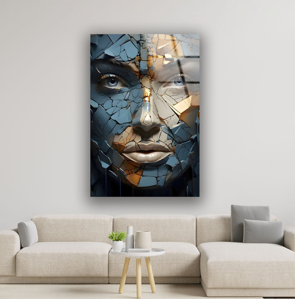 Blue Cracked Design Woman Glass Wall Art custom glass pictures, glass art prints
