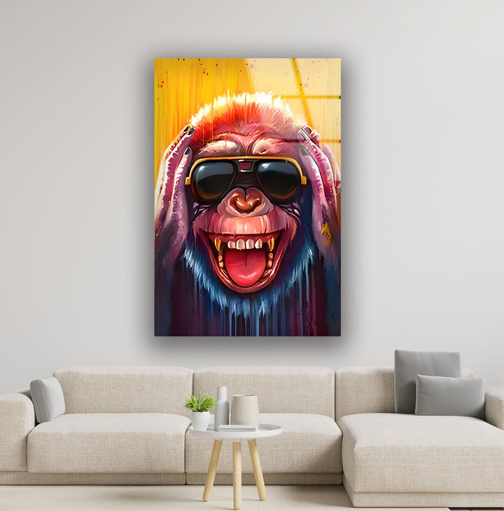 Crazy Monkey with Glasses Glass Wall Art glass art painting, glass art for the Wall
