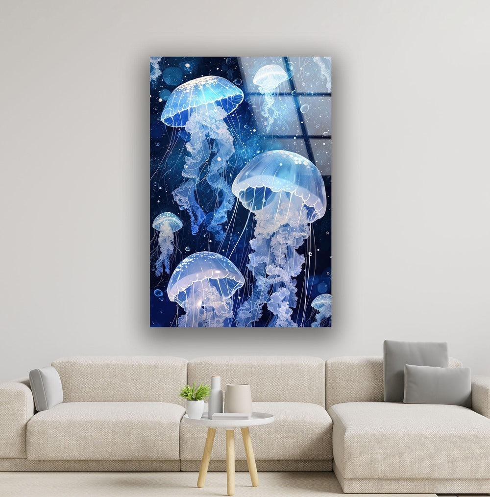 Arctic Jellyfishes Glass Wall Art glass art painting, glass art for the Wall
