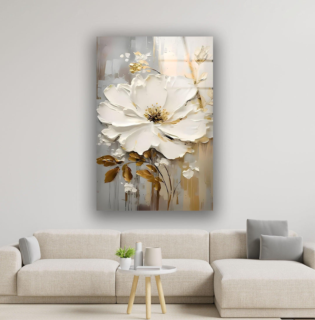 White and Brown Oil Art Flower Glass Wall Art glass image printing, glass prints from photos
