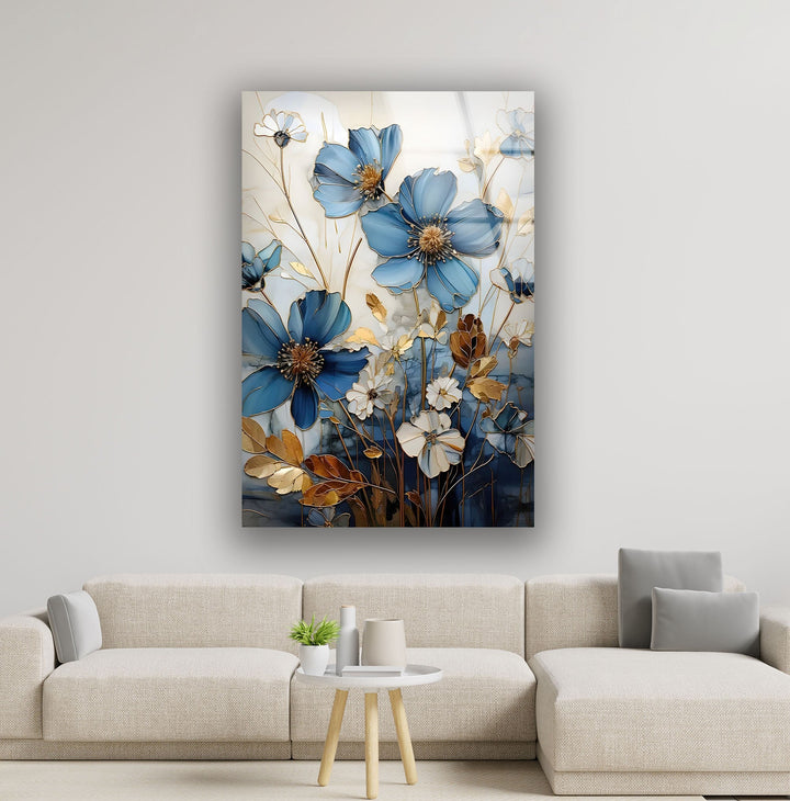 Blue & White Botanical Glass Wall Art glass art painting, glass art for the Wall
