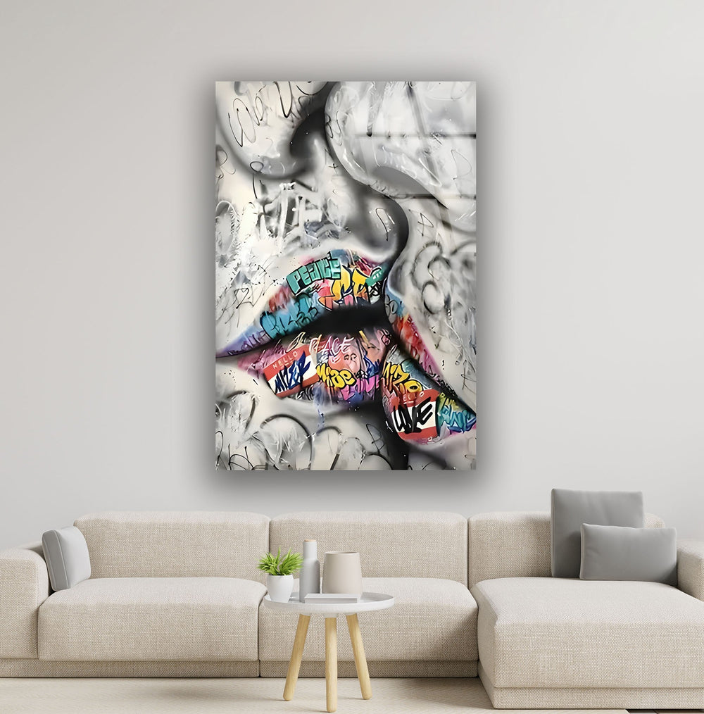 Graffiti Lips Black and White Glass Wall Art stained glass wall art, stained glass wall decor
