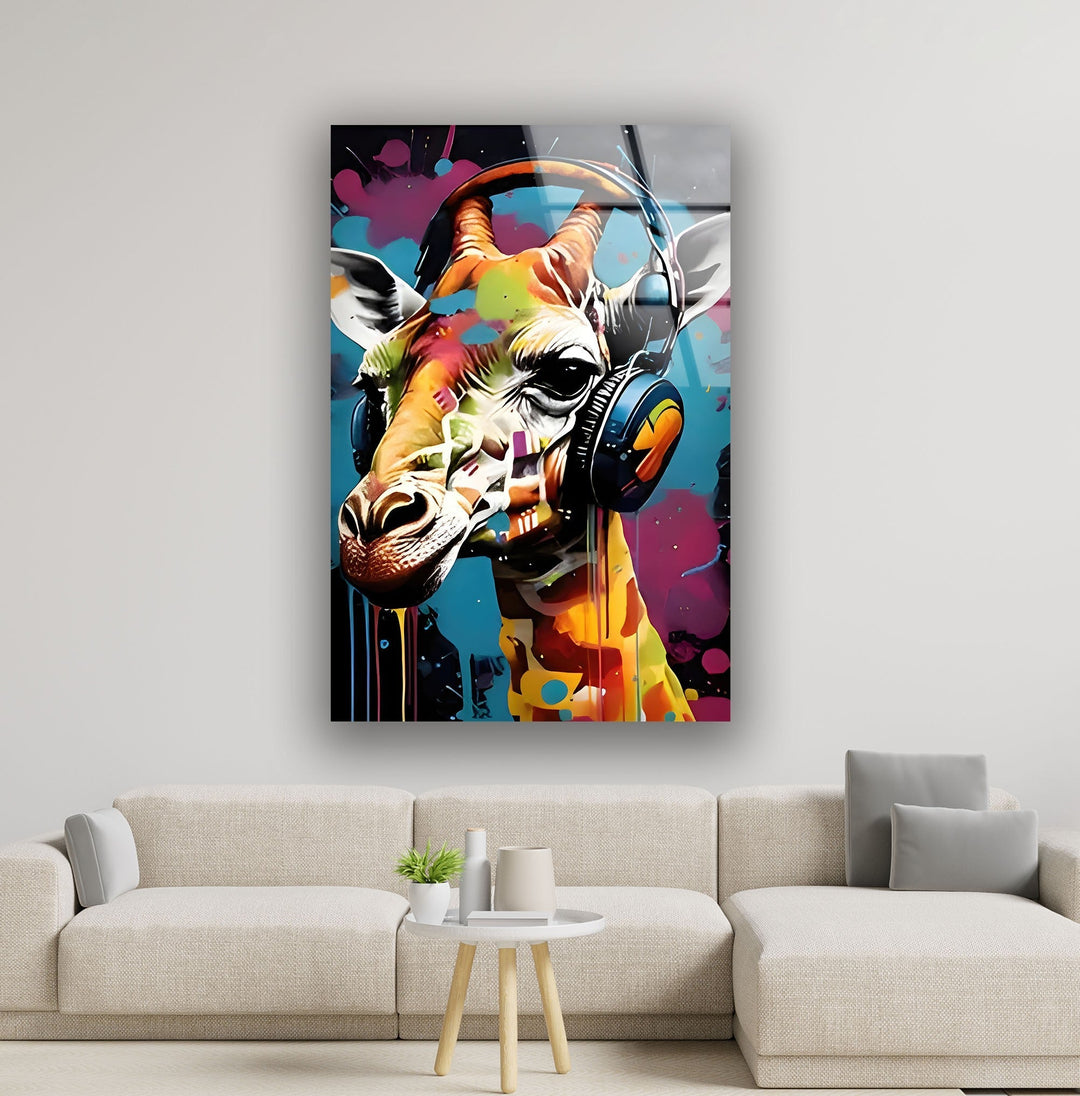 Giraffe with Headphones Glass Wall Art glass photo prints, glass picture prints
