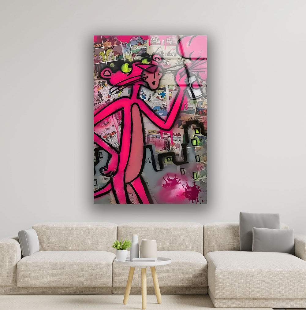 Pink Panther Graffiti Glass Wall Art picture on glass wall art, photos printed on glass
