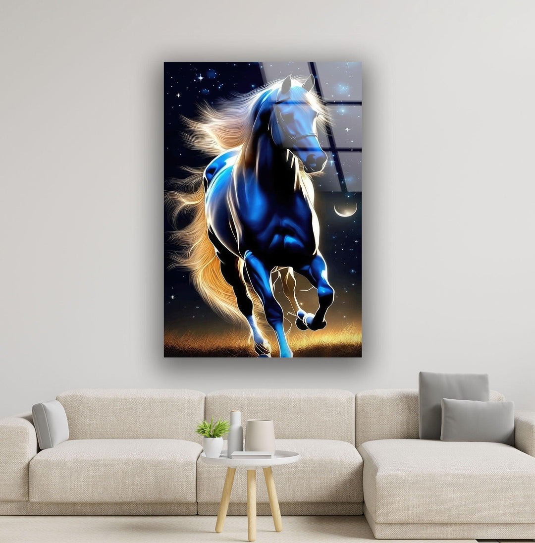 Blue Night Running Horse Glass Wall Art glass pictures for Wall, glass prints wall art
