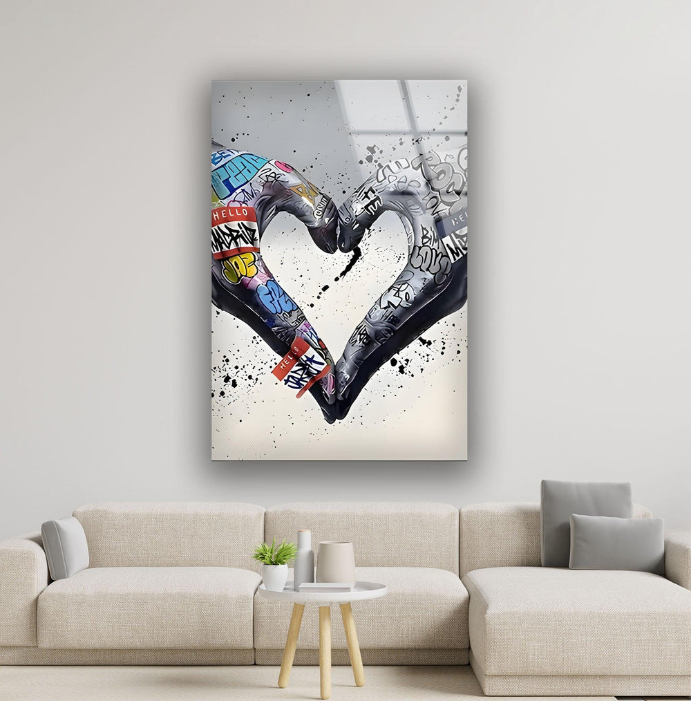 Graffiti Heart Black and White Glass Wall Art glass wall decor, glass wall art decor
