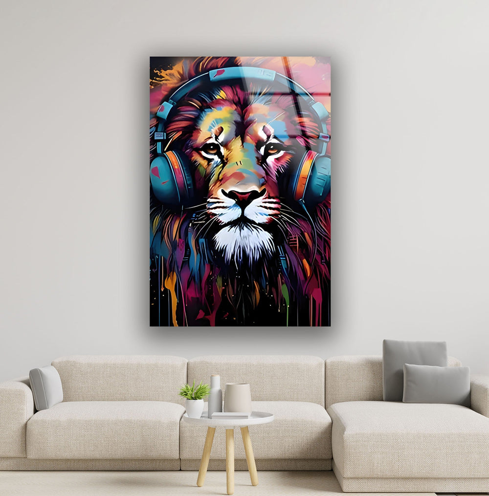 Lion with Headphones Glass Wall Art print picture on glass, Tempered Glass Wall Art
