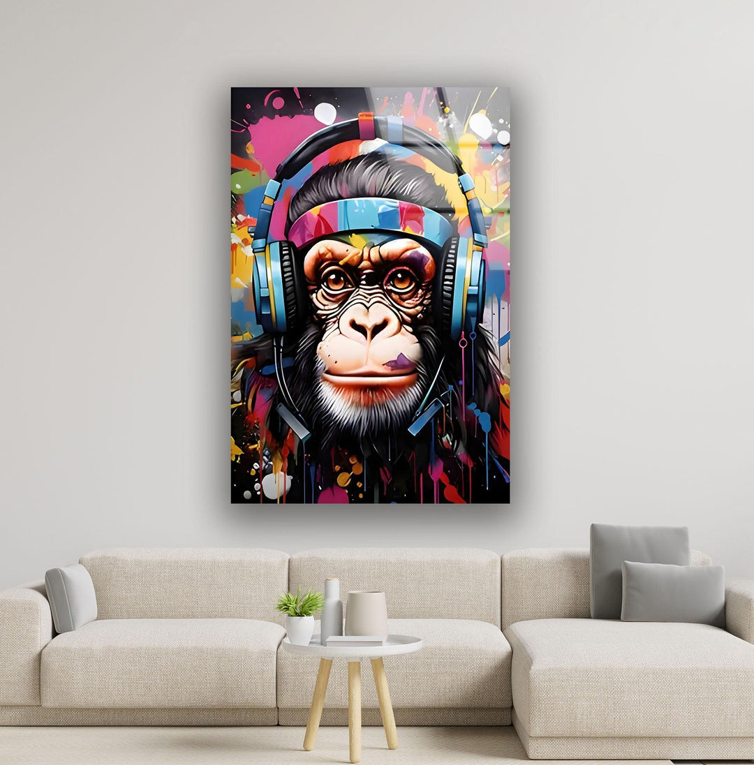 Monkey with Headphones Glass Wall Art glass art painting, glass art for the Wall
