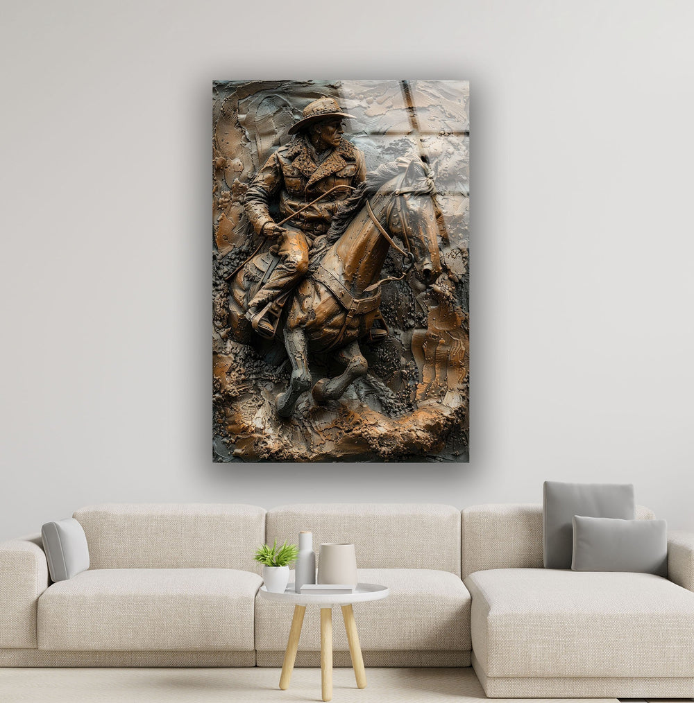 Man Riding a Horse Bronze Glass Wall Art print on glass, glass printed photos
