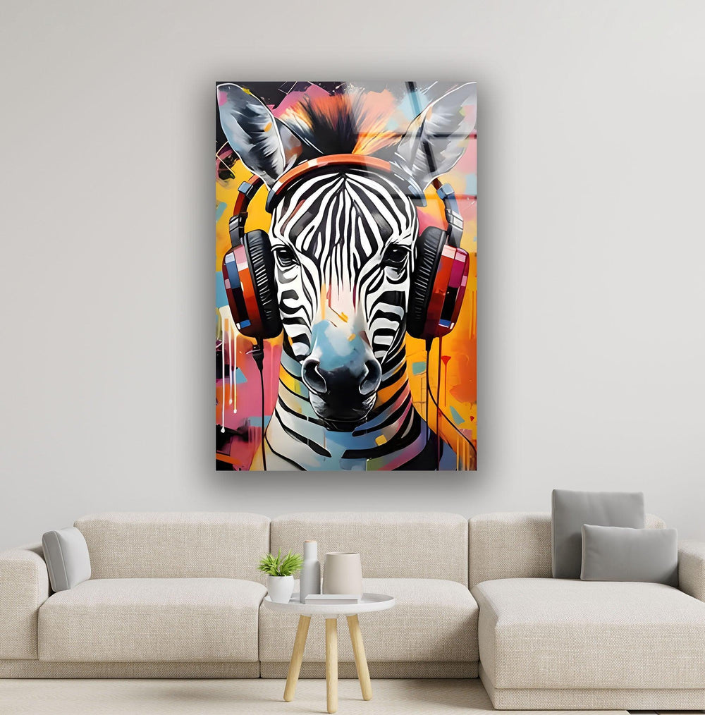 Zebra with Headphones Glass Wall Art Glass Printing Wall Art, Print photos on glass
