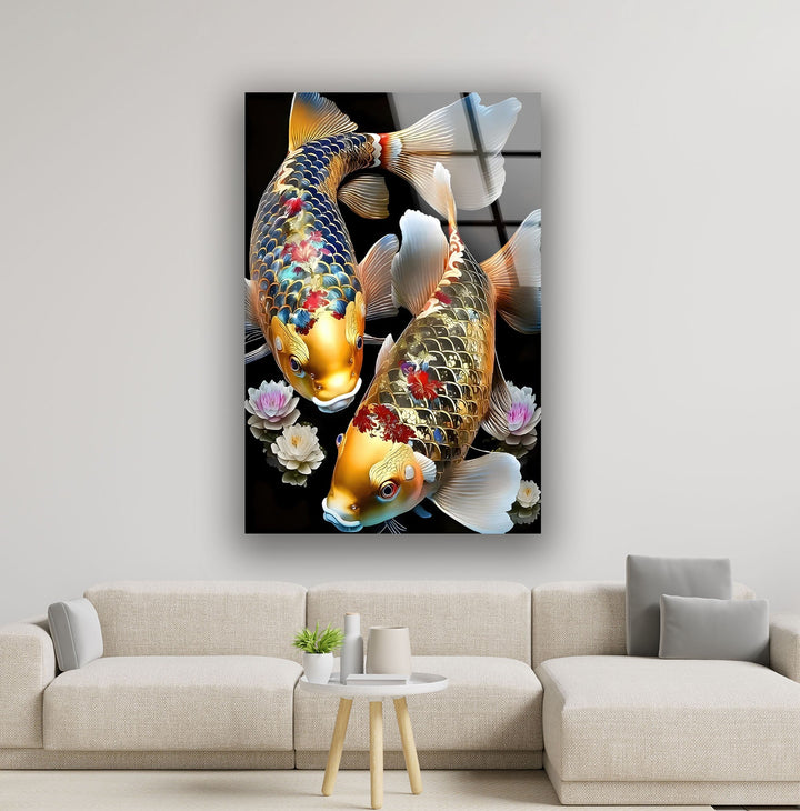 Golden Koi Fishes & Flower Glass Wall Art stained glass wall art, stained glass wall decor
