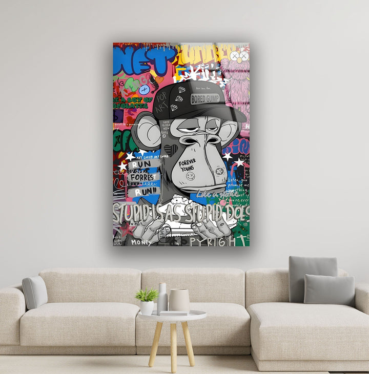 Pop Art Monkey Face Glass Wall Art custom glass photo prints, large glass prints
