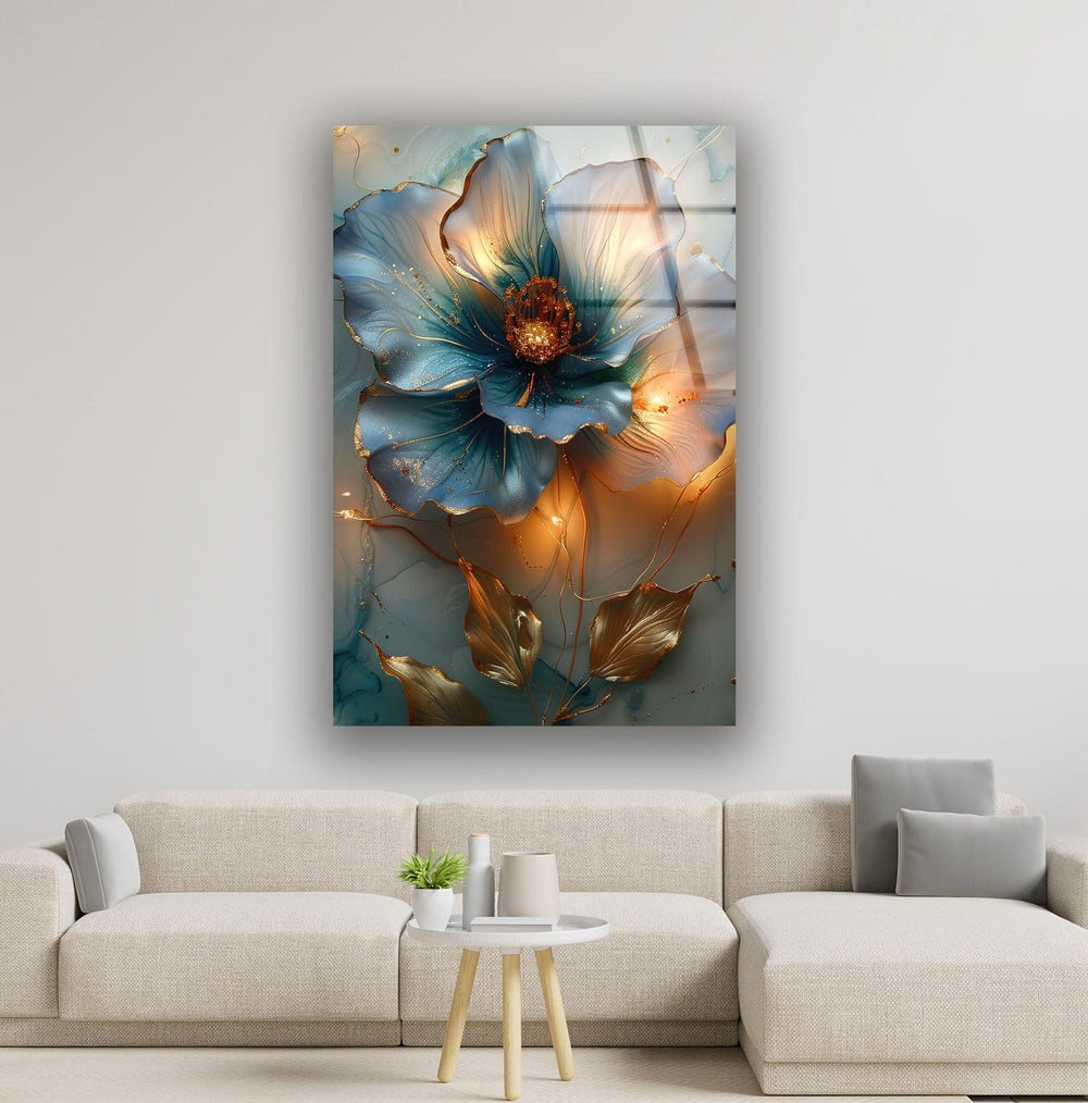 Blue & Orange Vivid Flower Glass Wall Art glass art painting, glass art for the Wall
