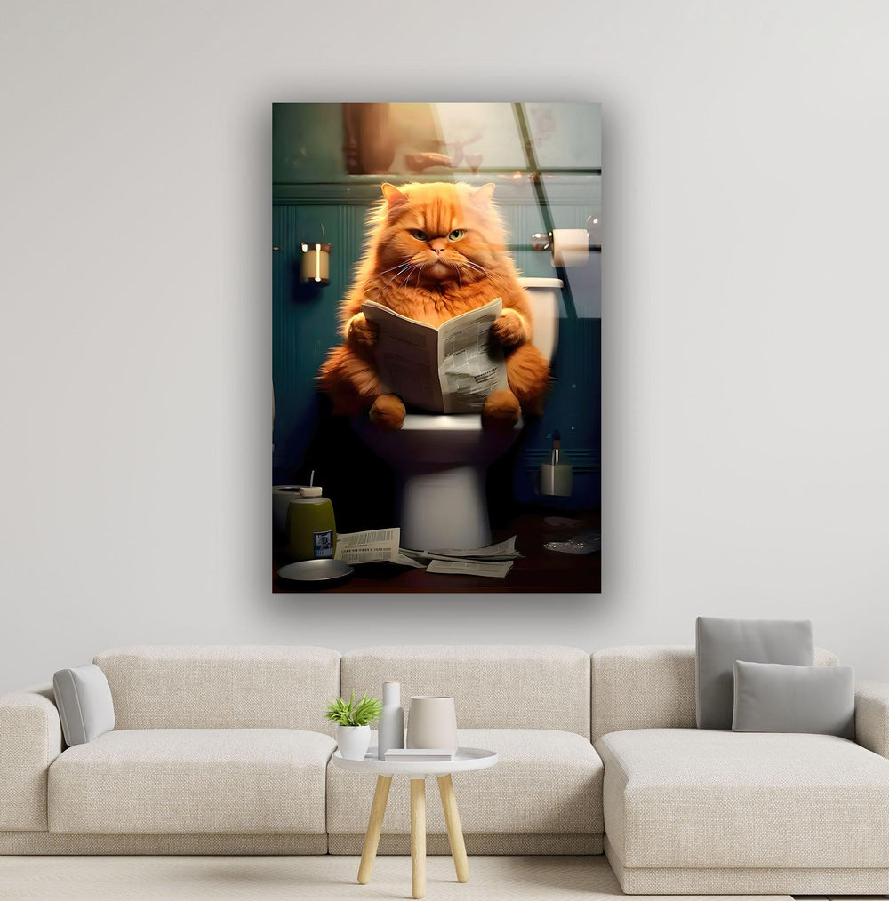 Orange Cat Reading Glass Wall Art print picture on glass, Tempered Glass Wall Art
