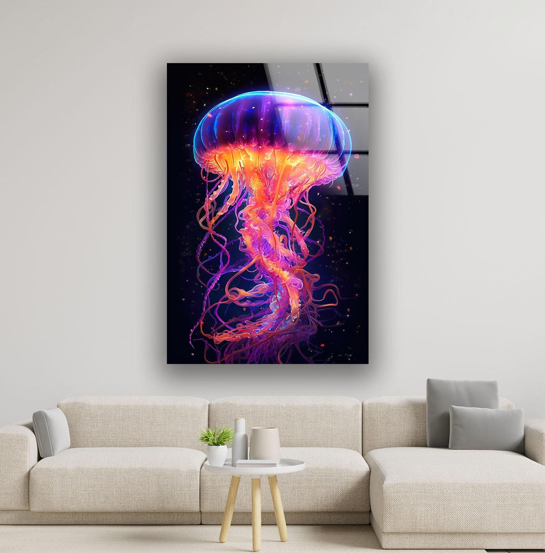 Jelly Fish Color Neon Glass Wall Art glass wall decor, glass wall art decor
