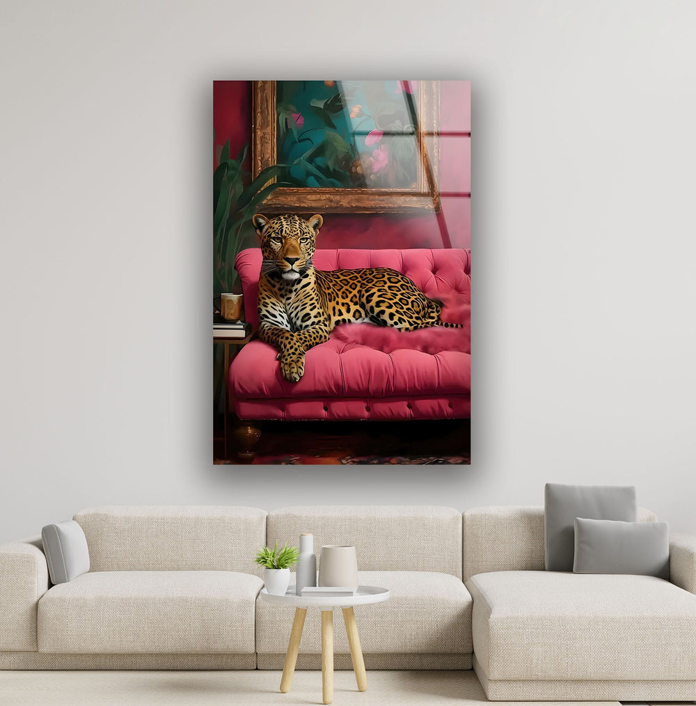 Leopar Sitting on Pink Seat Glass Wall Art glass pictures for Wall, glass prints wall art
