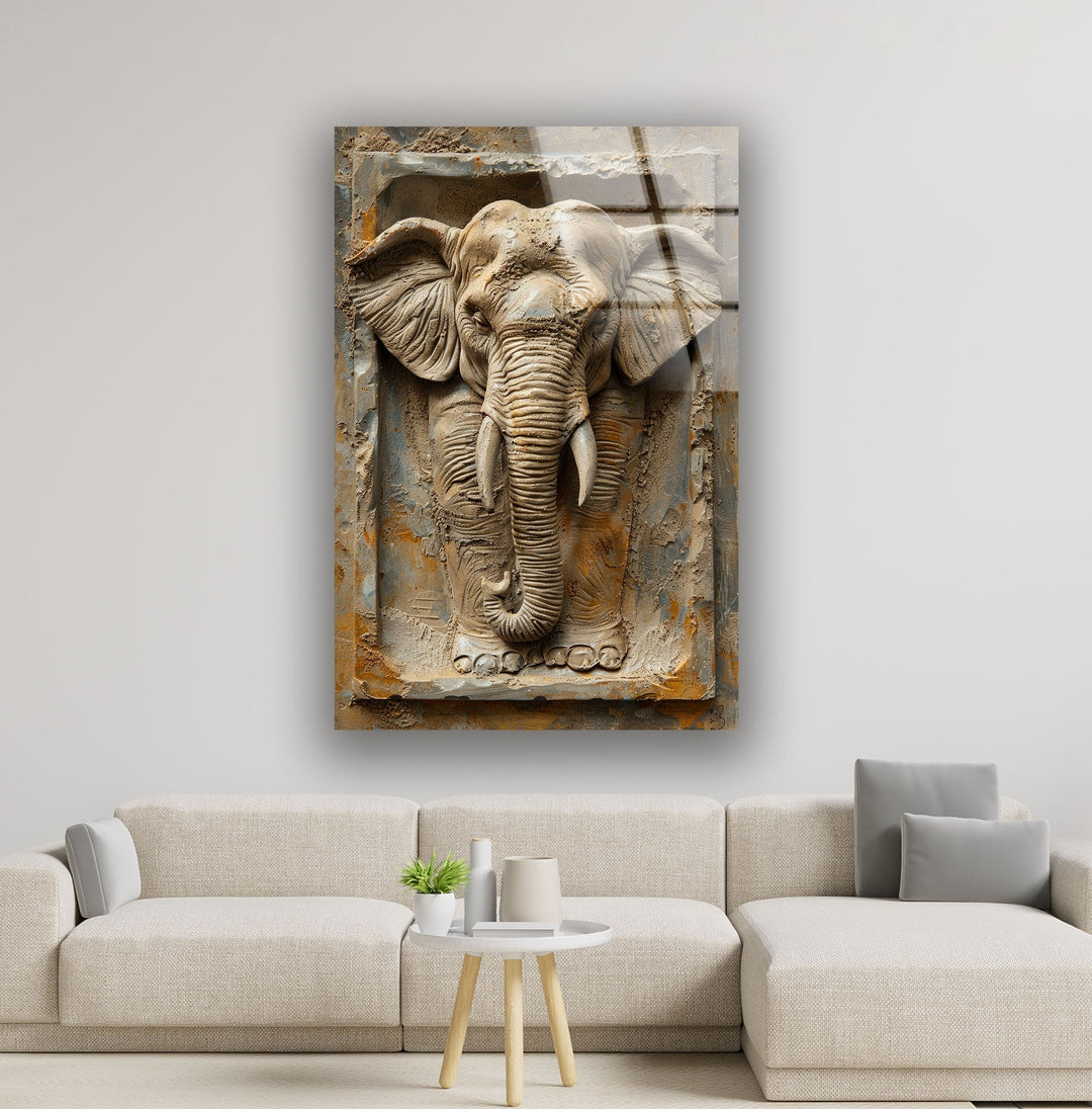 3D Elephant Stone Art Glass Wall Art glass photo prints, glass picture prints
