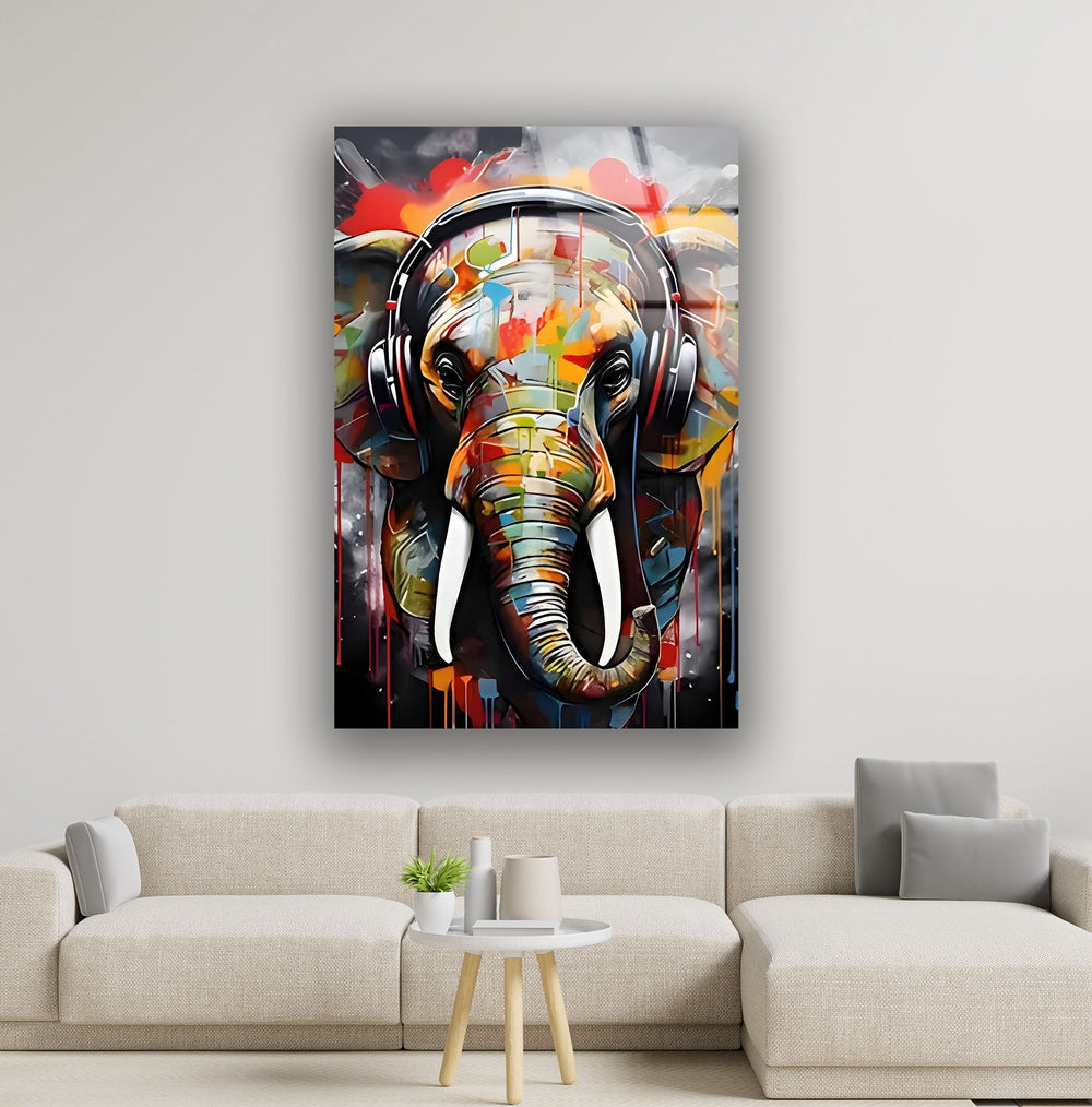 Elephant with Headphones Glass Wall Art Glass Printing Wall Art, Print photos on glass
