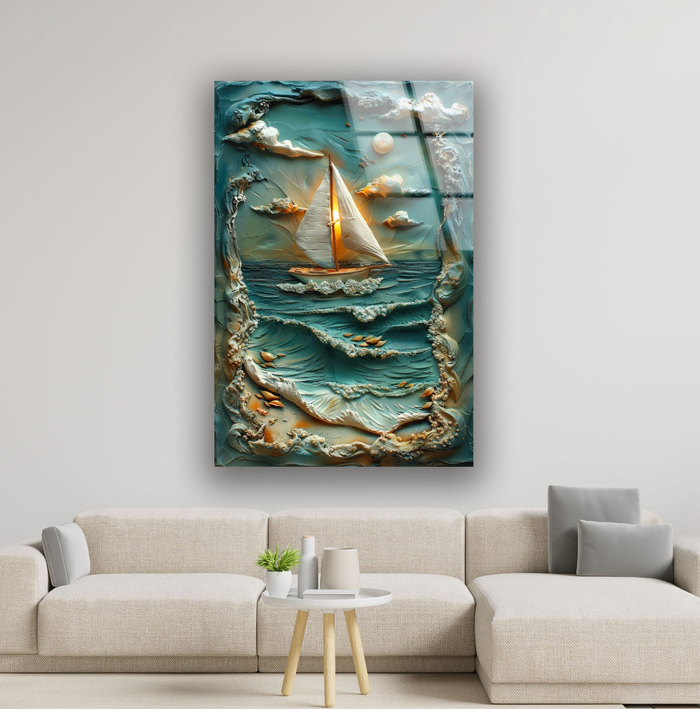 Boat & Sunset Landscape Clay Art Glass Wall Art custom glass photo prints, large glass prints
