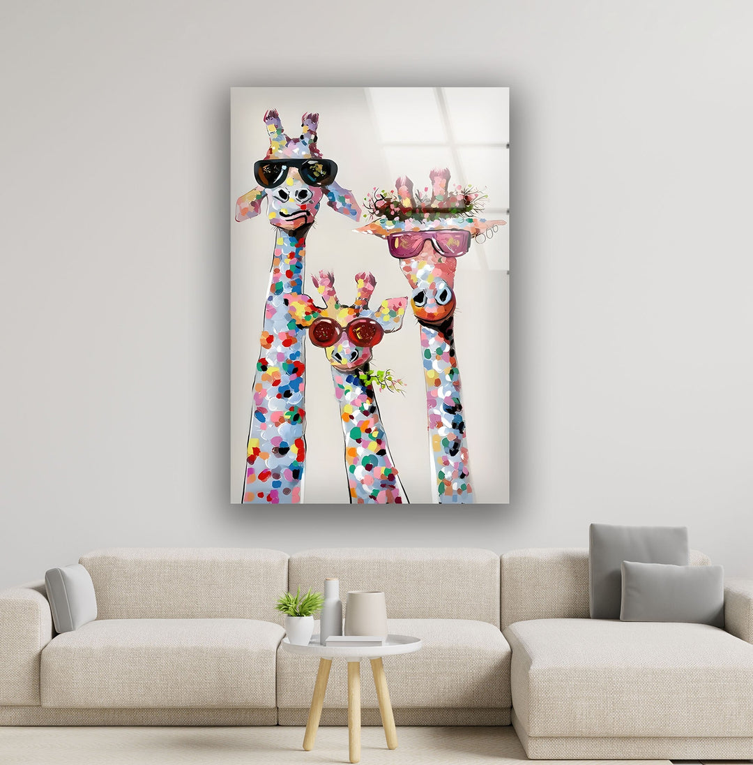 Colorful Giraffes Glass Wall Art custom glass photo prints, large glass prints
