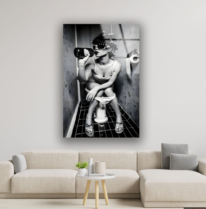 Drunk Woman in Toilet Glass Wall Art glass pictures for Wall, glass prints wall art
