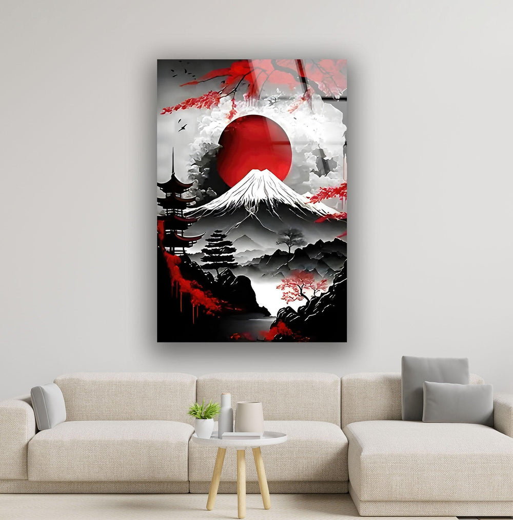 Red Moon & Mountain Glass Wall Art glass art painting, glass art for the Wall
