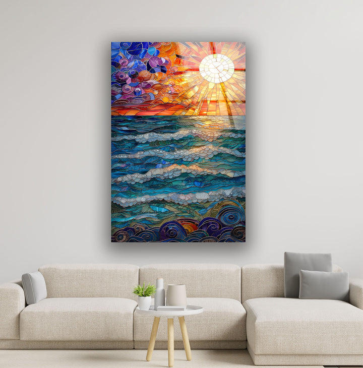 Mosaic Sunset Sea Glass Wall Art photo print on glass, prints on glass wall art