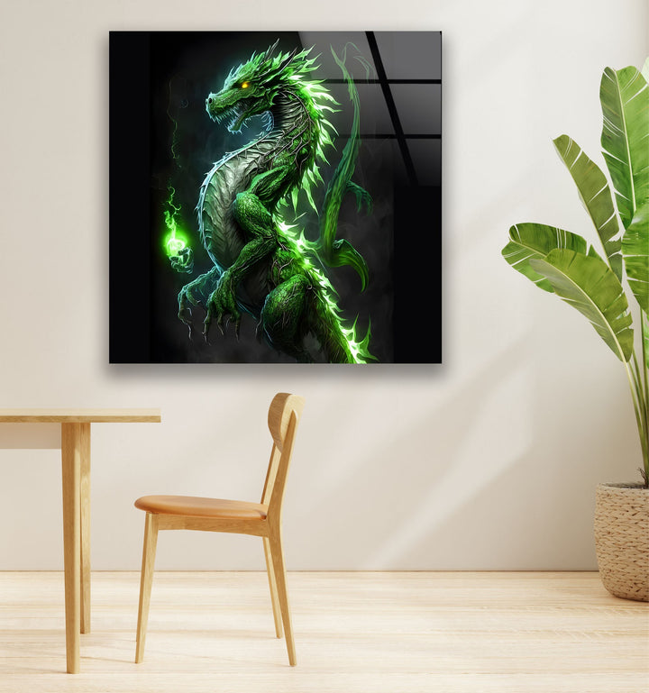 Powerful green dragon standing tall, its body glowing with magical fiery energy.
