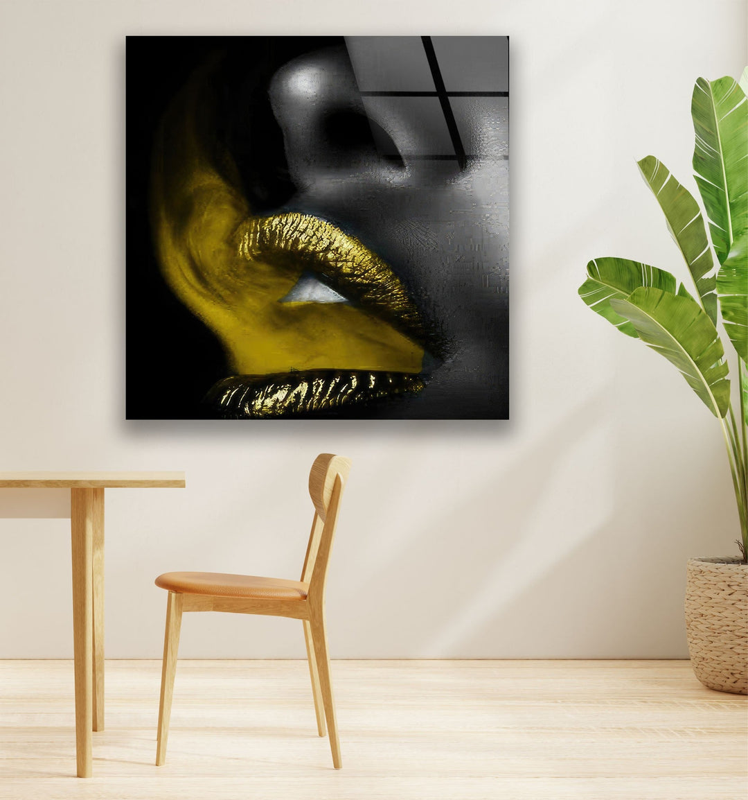 Black Woman and Yellow Lips Glass Wall Art photo print on glass, prints on glass wall art
