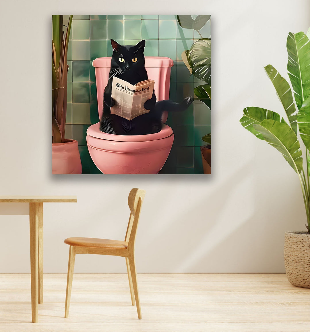 Cat Reading on Toilet Glass Wall Art custom glass photo prints, large glass prints
