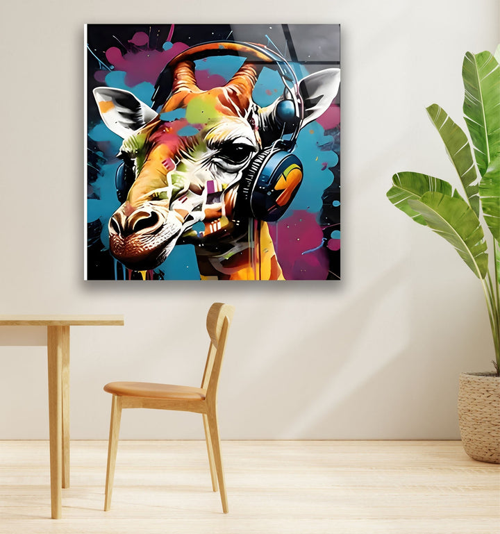 Giraffe with Headphones Glass Wall Art print on glass, glass printed photos
