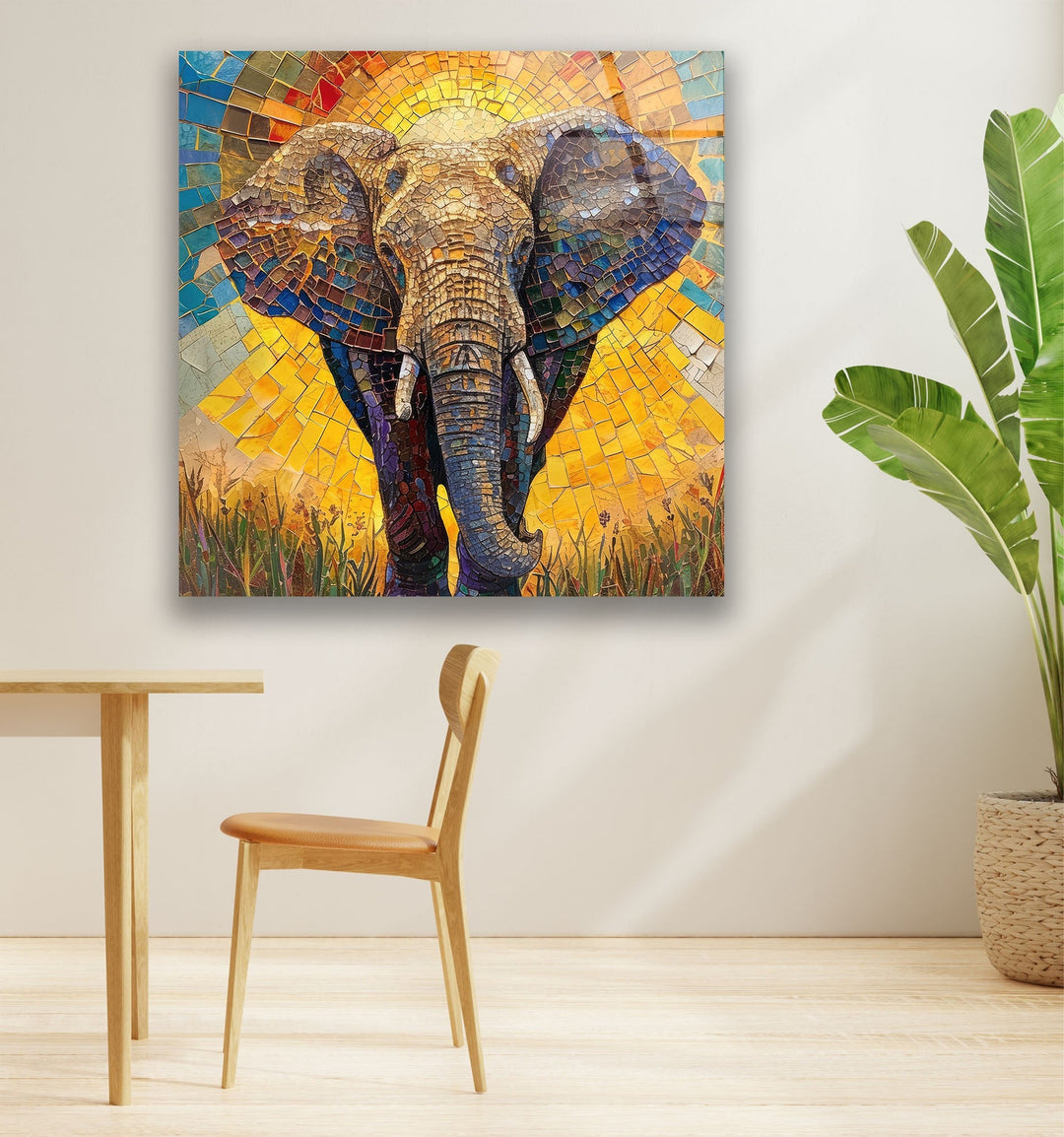 Mosaic Elephant Glass Wall Art print on glass, glass printed photos
