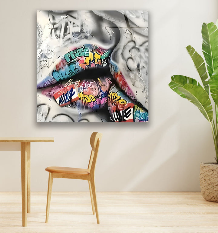 Graffiti Lips Black and White Glass Wall Art custom glass pictures, glass art prints
