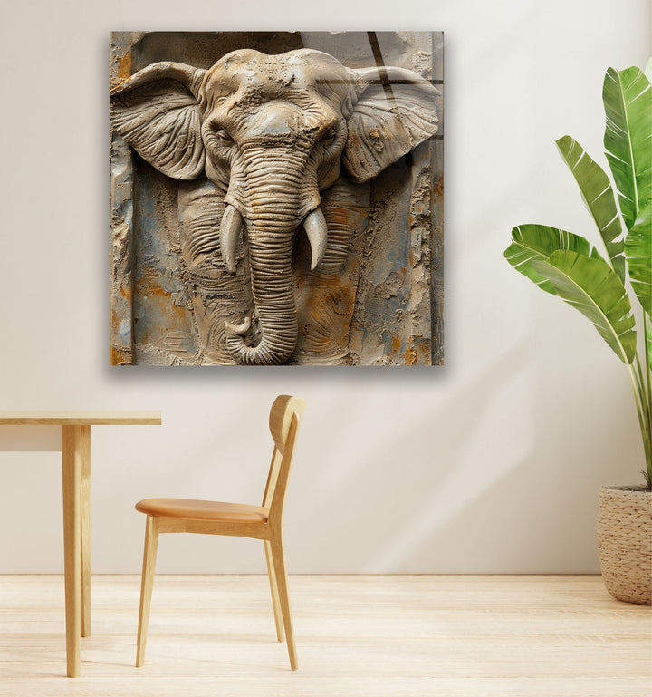 3D Elephant Stone Art Glass Wall Art picture on glass wall art, photos printed on glass
