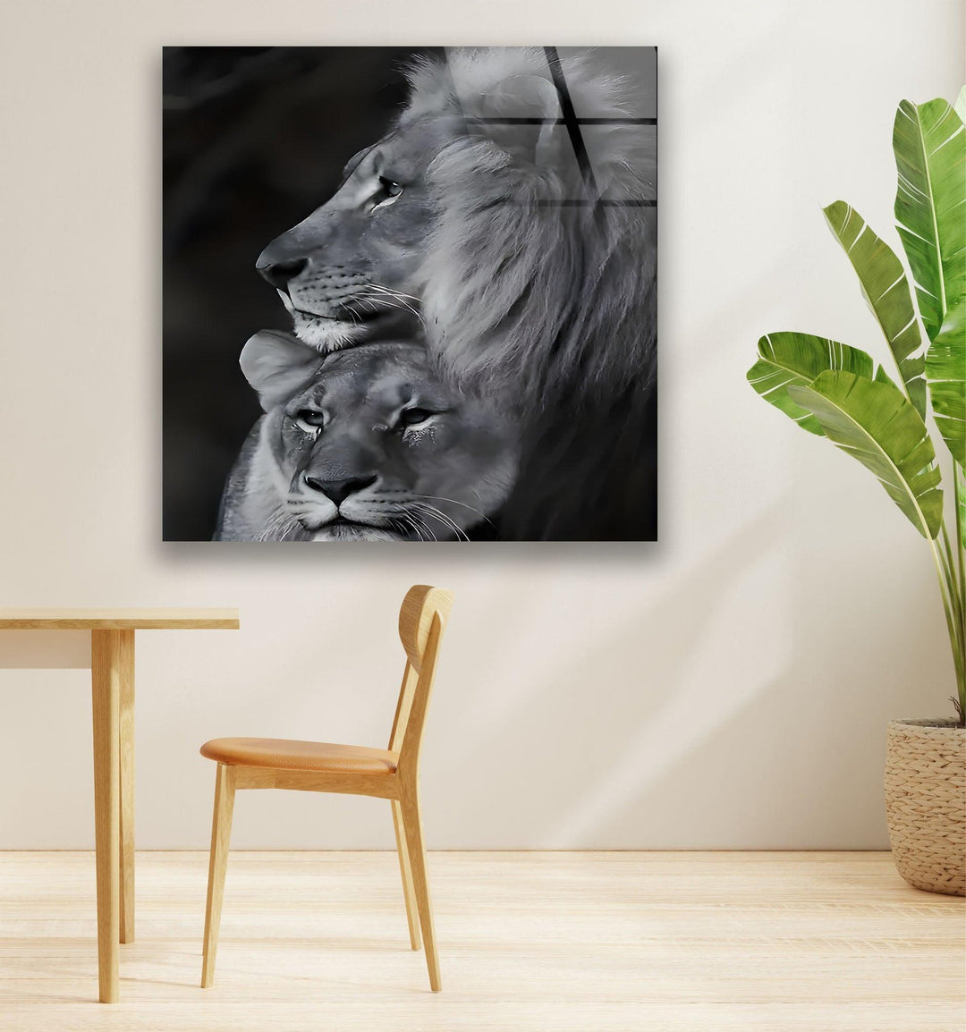 Black & White Lion Family Glass Wall Art glass pictures for Wall, glass prints wall art
