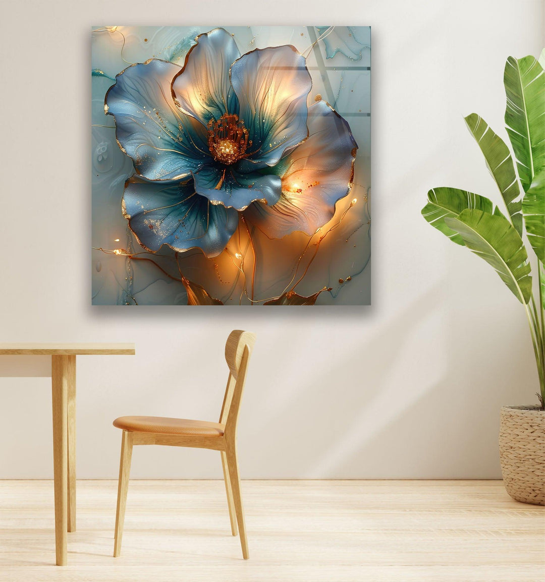 Blue & Orange Vivid Flower Glass Wall Art photo print on glass, prints on glass wall art
