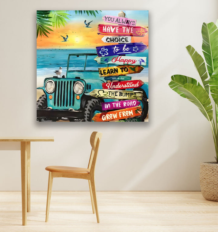 Tropical Beach & Jeep Glass Wall Art custom glass pictures, glass art prints
