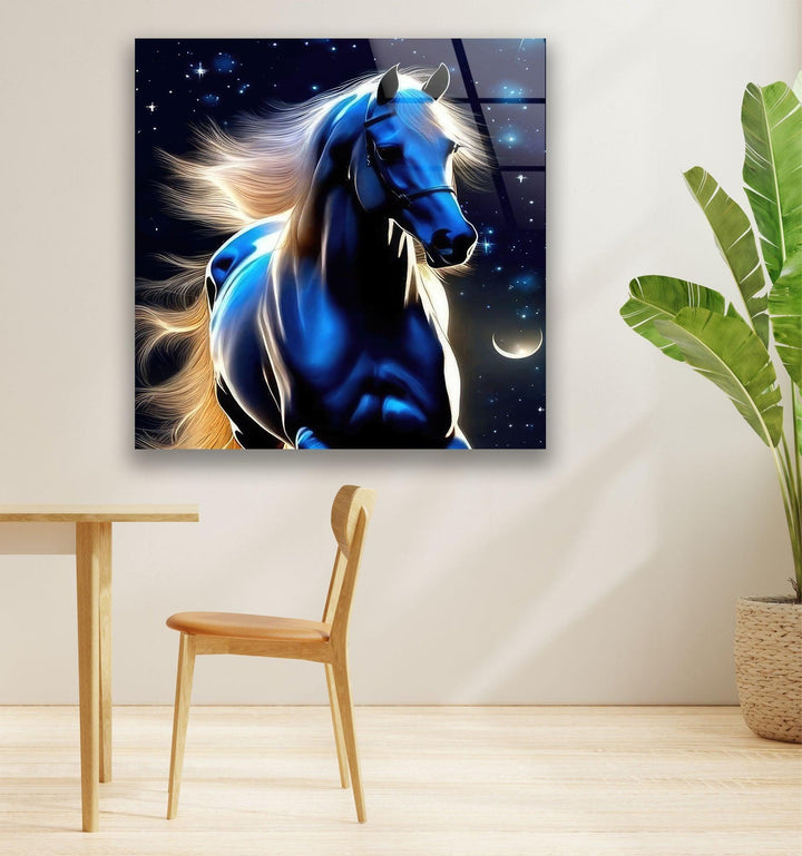 Blue Night Running Horse Glass Wall Art print picture on glass, Tempered Glass Wall Art
