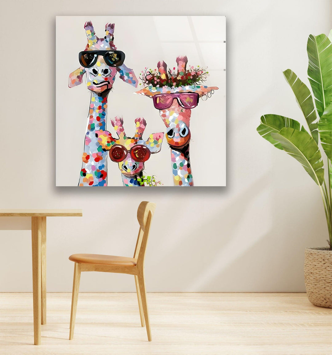 Colorful Giraffes Glass Wall Art print picture on glass, Tempered Glass Wall Art
