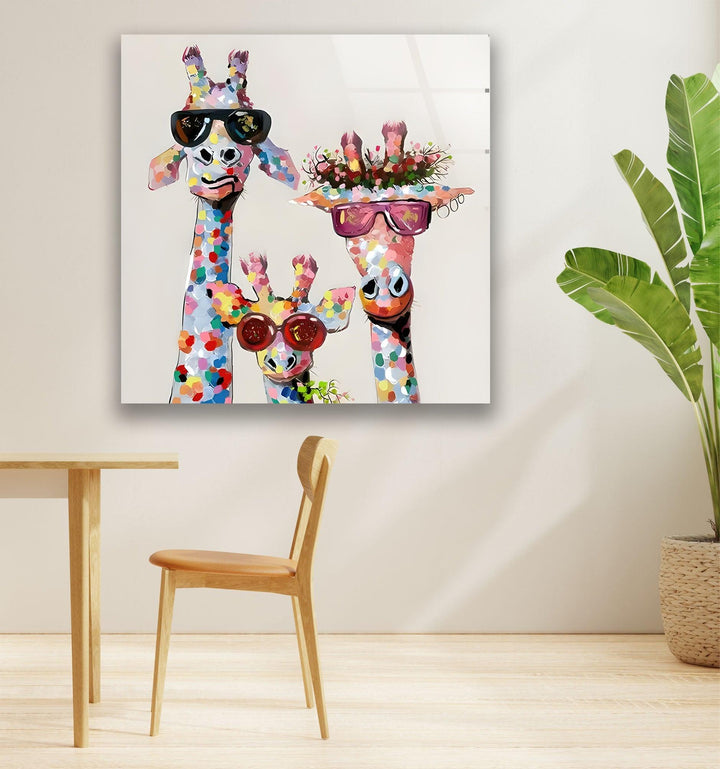 Colorful Giraffes Glass Wall Art print picture on glass, Tempered Glass Wall Art
