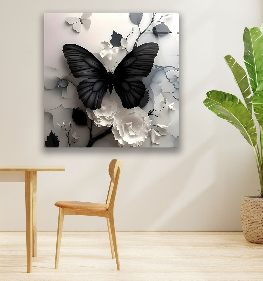 Black Butterfly & Flowers Glass Wall Art glass pictures for Wall, glass prints wall art
