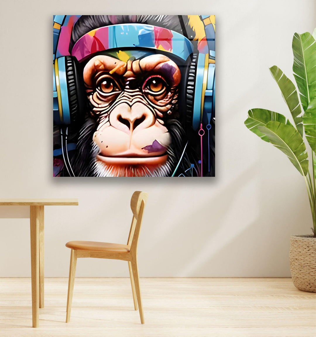 Monkey with Headphones Glass Wall Art glass image printing, glass prints from photos
