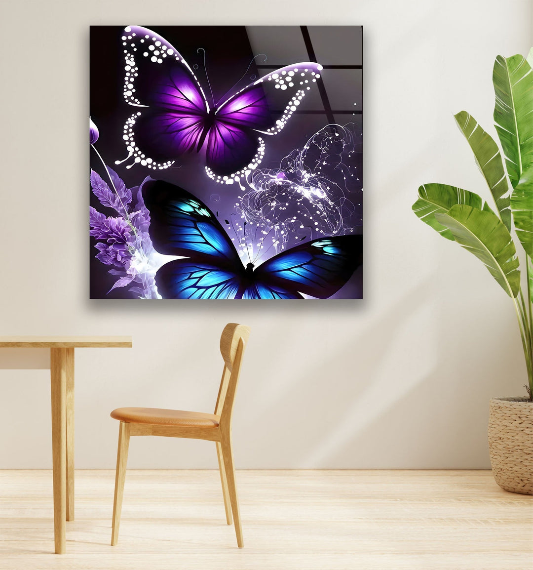 Blue & Purple Butterfly Glass Wall Art custom glass pictures, glass art prints
