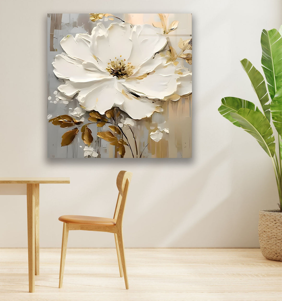 White and Brown Oil Art Flower Glass Wall Art custom glass pictures, glass art prints
