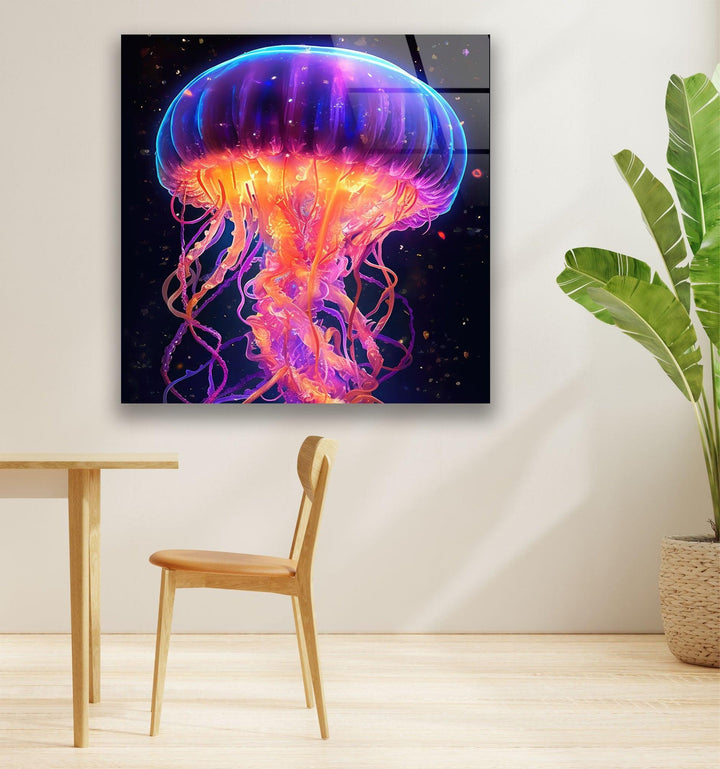 Jelly Fish Color Neon Glass Wall Art glass pictures for Wall, glass prints wall art
