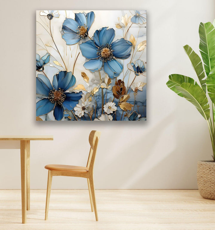 Blue & White Botanical Glass Wall Art photo print on glass, prints on glass wall art
