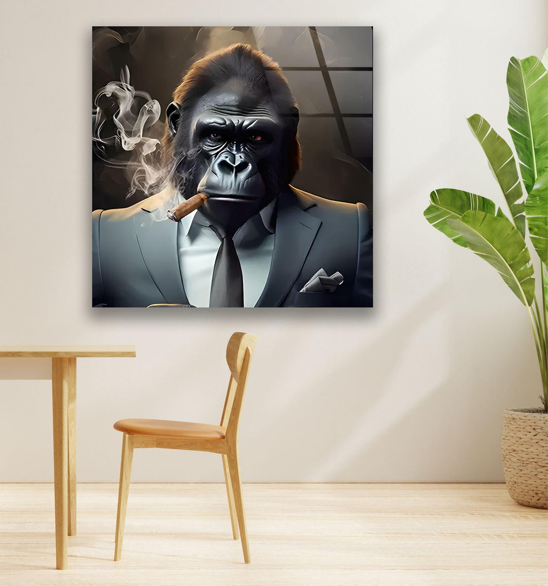 Gorilla Smoking Glass Wall Art picture on glass wall art, photos printed on glass
